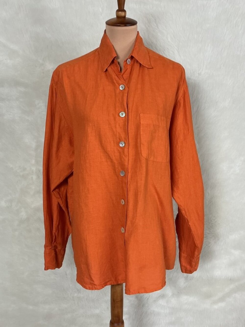 Bryn Walker Orange Long Sleeve Button Front 100% Linen Tunic Top M
